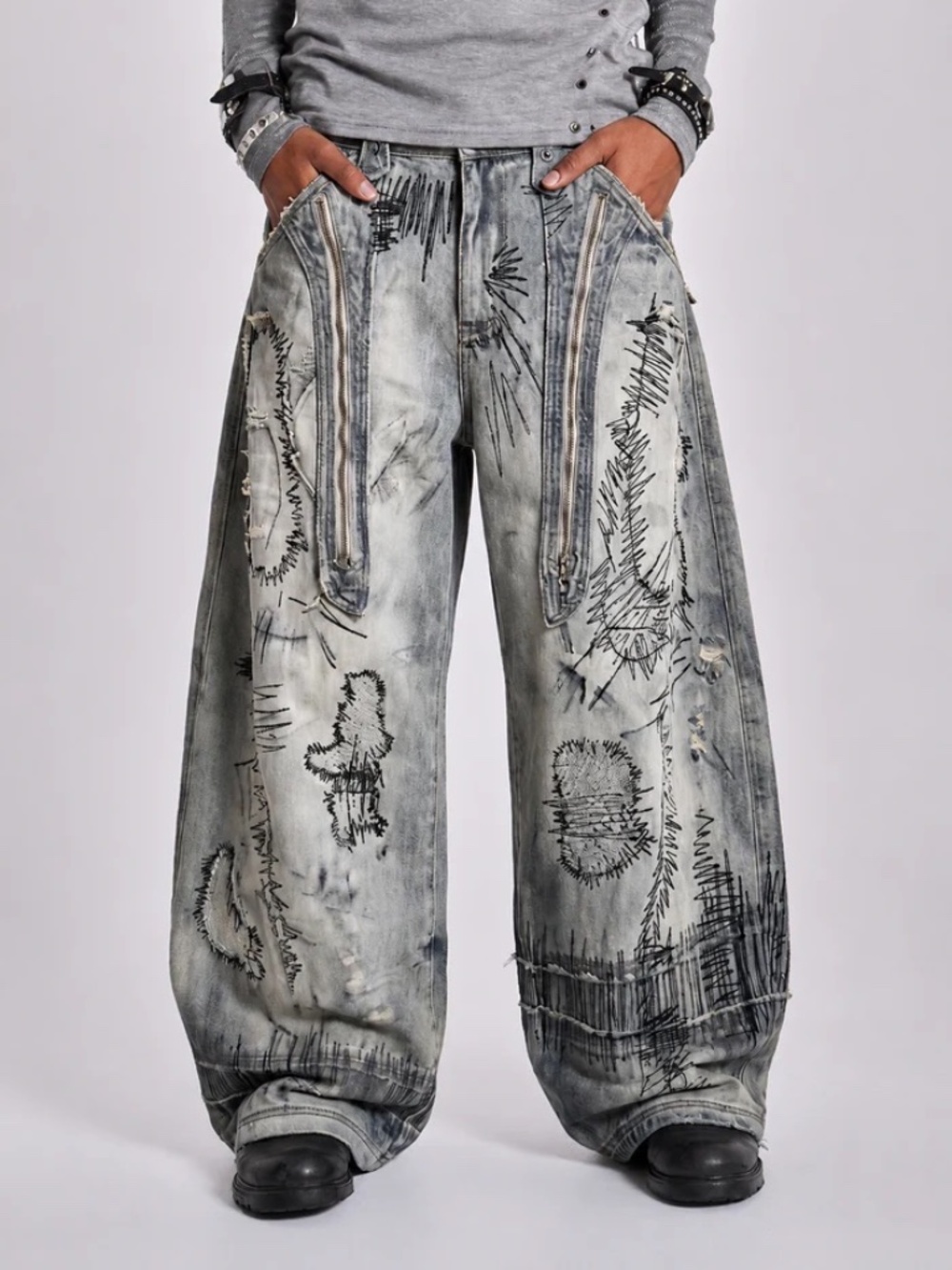Y2K Light Blue Glitch Fade Baggy Wide Leg Jeans L